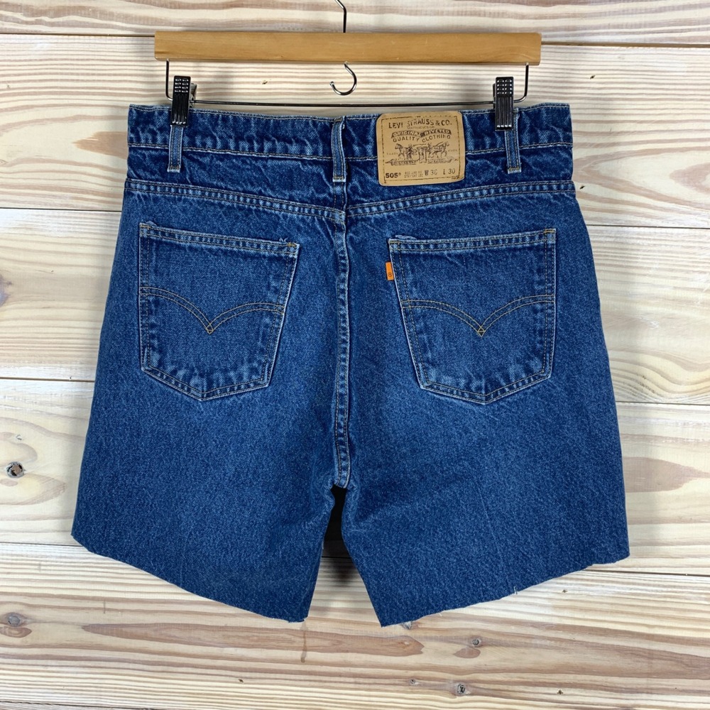 Levis 505 Denim Shorts Vintage Mens 36 Blue Orange Tab Cutoff Raw Hem Dark Wash
